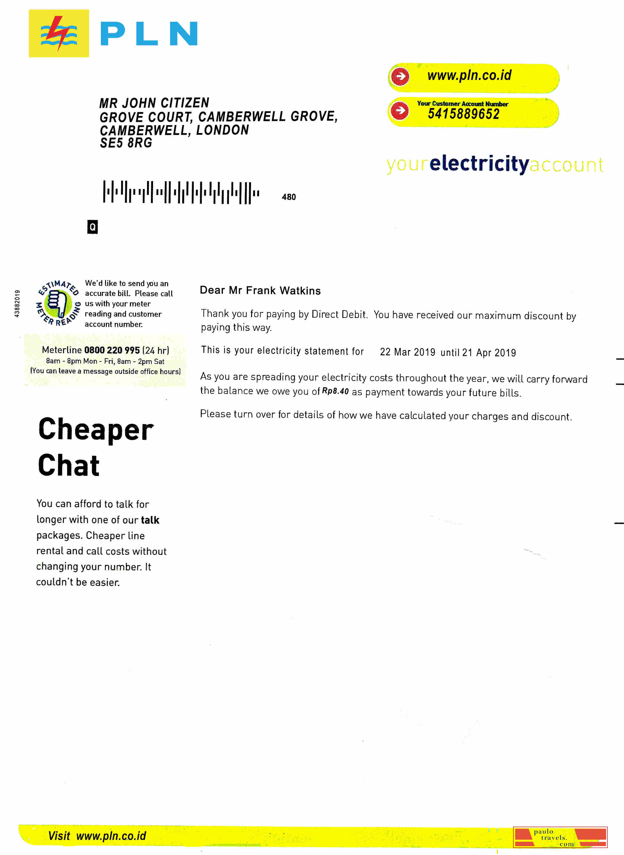 Indonesia PLN electricity utility bill template, fully editable in PSD format